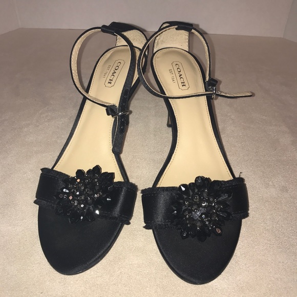 Coach Shoes 8.5 Black Satin Open Toe 3” High Heels Formal Semi Dressy Beaded - Picture 3 of 8
